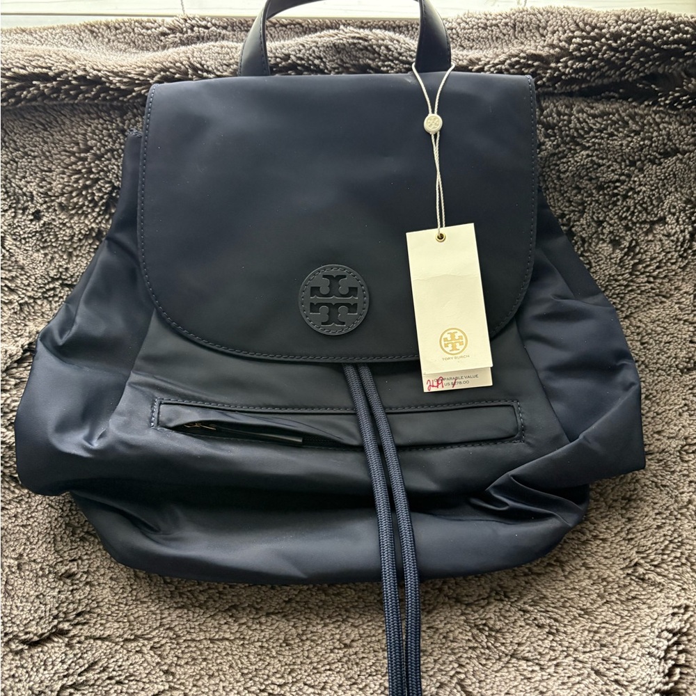 Tory Burch Navy Nylon Flap Drawstring Backpack